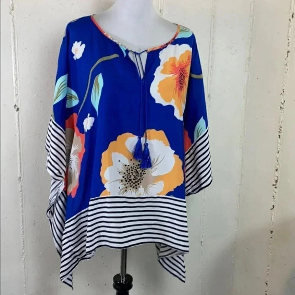 Stylus 1X Plus-size multi-color floral with stripes tunic